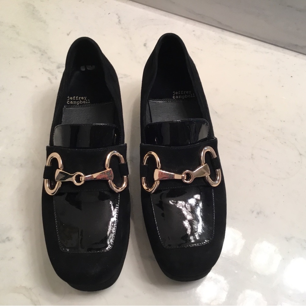 Jeffrey Campbell Patent Two Tone Platform loafers with gold accents.